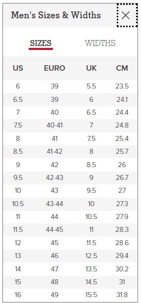 Tony Lama Men's Footwear Size Chart